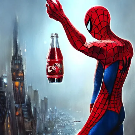 Image similar to spiderman with a bottle of coca cola in his hand, D&D, fantasy, intricate, cinematic lighting, highly detailed, digital painting, artstation, concept art, smooth, sharp focus, illustration, art by Artgerm and Greg Rutkowski and Alphonse Mucha