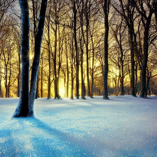 Image similar to Photorealistic, highly detailed, forest landscape, dark blue background, illuminated big wintry oak trees with different colors, night time