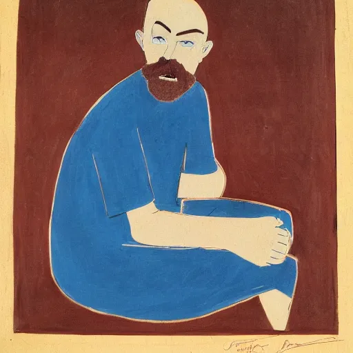 Prompt: 20 year old bald man with a short length full brown beard and vibrant blue eyes sitting and staring gloomly at the floor in a dimly lit library. Dark. cubist painting.