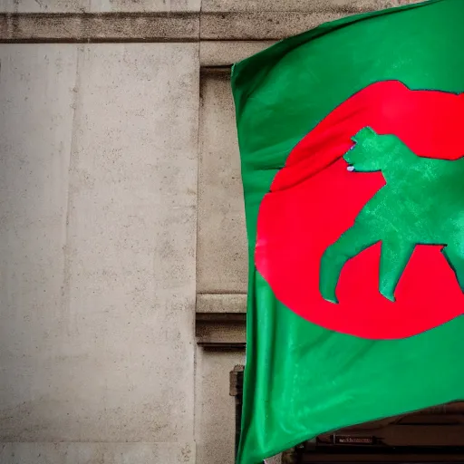 Prompt: a portrait of a socialist bear in a green military uniform with a hat, waving a red flag in Berlin, 4K realistic, hyper detailed, cinematic lighting, wow factor, award winning photo