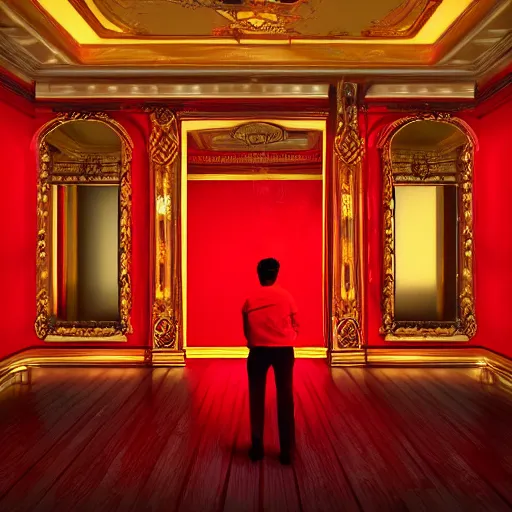 Prompt: music makes a young man suffer in a red room with water on the ceiling HD 8K