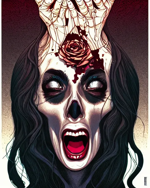 Image similar to comic horror cover art of a beautiful woman screaming in terror, skull mosaic background, illustration by jenny frison and sana takeda, intricate details, stunning inking lines, stunning gradient colors, 4 k, hd, artstation, award winning