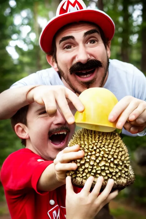Image similar to photo of real life mario finding a giant amanita muscaria, exhilarated, portrait, closeup. mouth open, 3 0 mm, bokeh