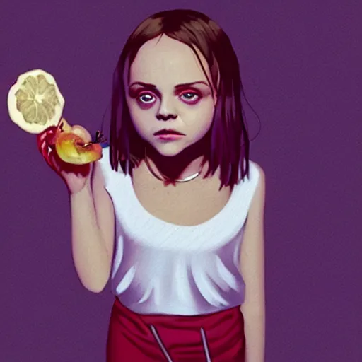 Prompt: young vampire christina ricci eating a clove of garlic, art by beeple