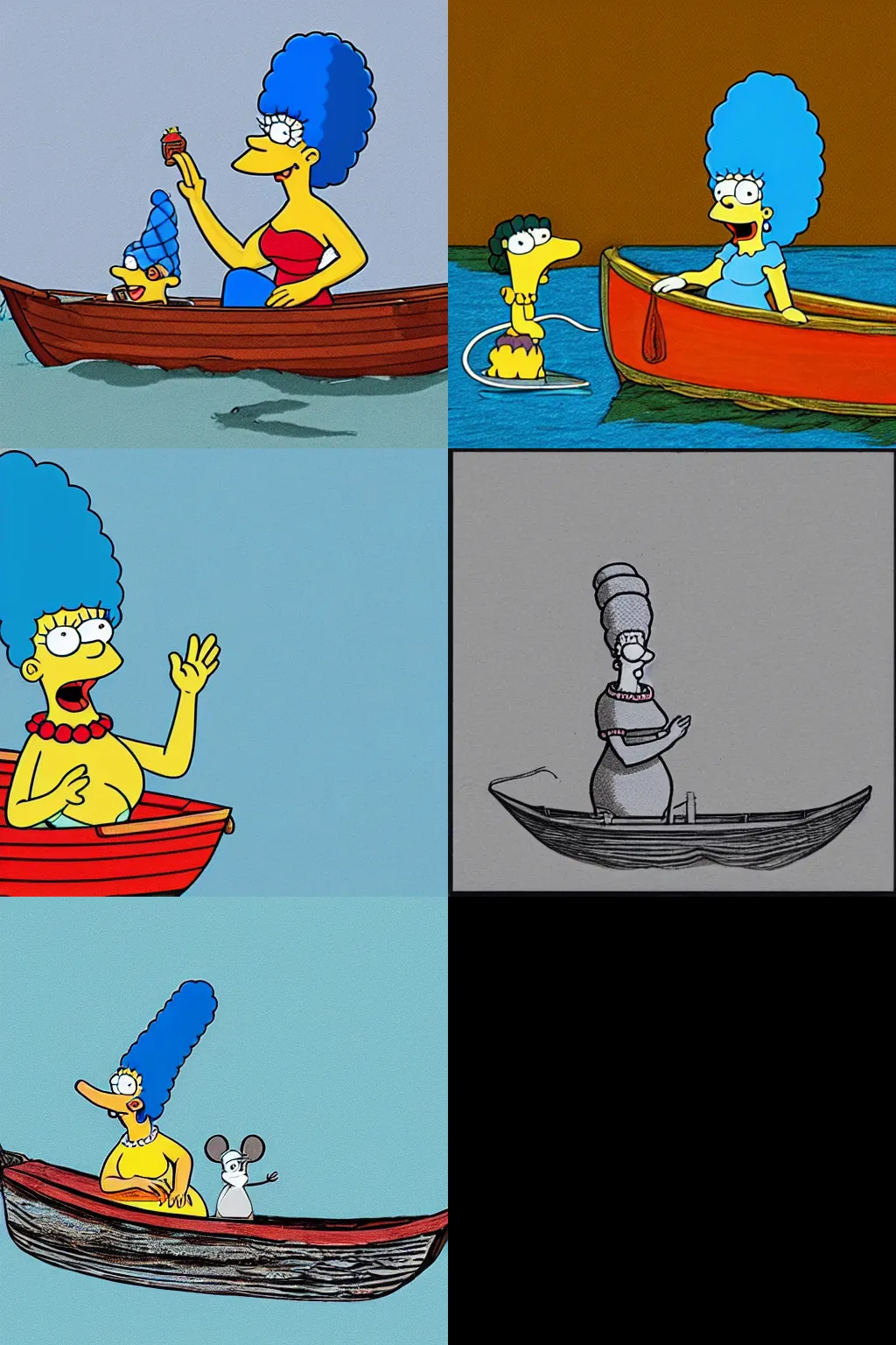 Prompt: Marge Simpson talking to a mouse in a boat on a river, Sketch