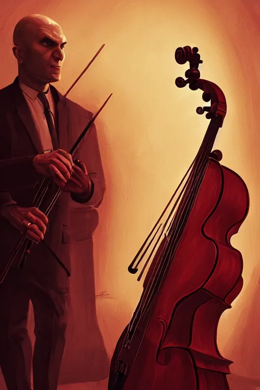 Image similar to an expressive portrait of agent 4 7 playing the cello in a monastery, dark background, red rim light, digital art, artstation, concept art by giger stalenhag