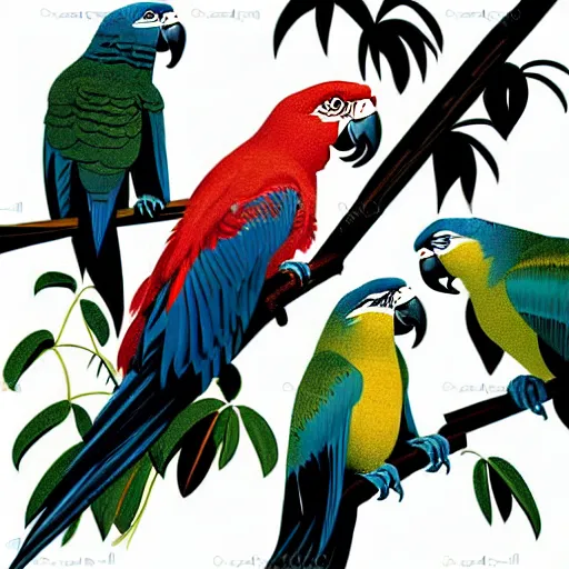 Prompt: parrots playing with one another wide angle shot, white background, vector art, illustration by frank frazetta