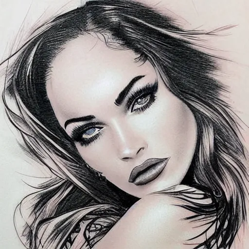 Image similar to tattoo design sketch of megan fox mash up effect with beautiful mountain scenery, in the style of matteo pasqualin, amazing detail