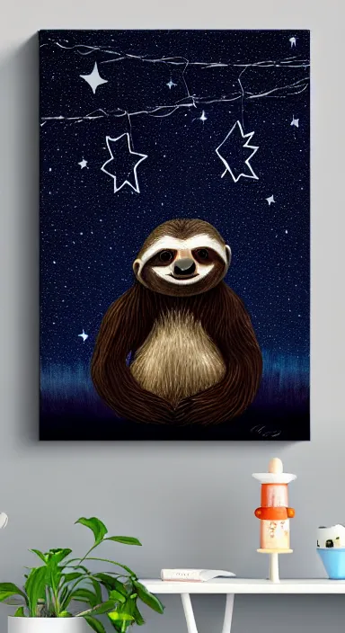 Prompt: beautiful dark night with many stars and clouds, a cute sloth on a tree!!, string lights, everything!! made of thick flowing dramatic paint brush strokes, abstract impressionism, matte colors, trending on artstation