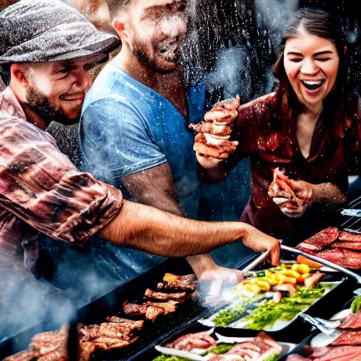 Image similar to portrait of people doing bbq under heavy rain, ultra realistic face detailed eyes