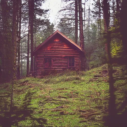 Image similar to a photo of a Eerie cabin in the middle of the woods in the style of blurry iphone footage