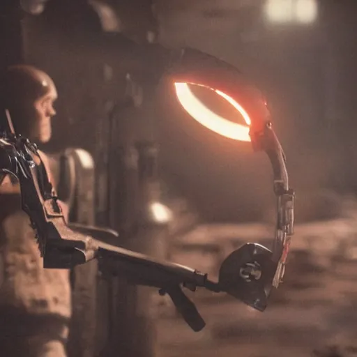 Image similar to augmented human repairing weapon made from old egg beater, dark messy smoke - filled cluttered workshop, dark, dramatic lighting, orange tint, cinematic, highly detailed, sci - fi, futuristic, movie still from blade runner