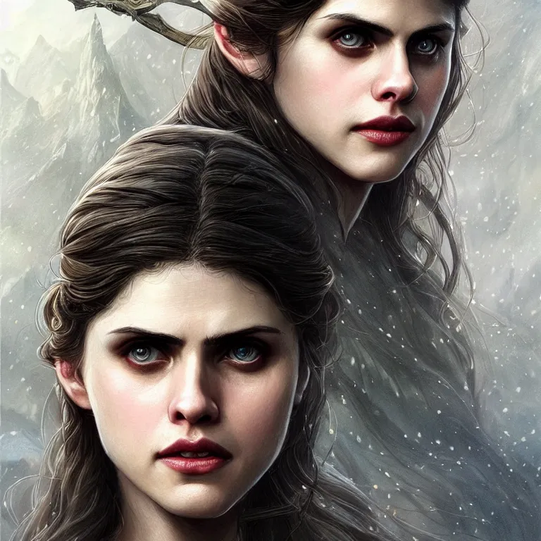 Image similar to beautiful cinematic fantasy poster with Alexandra Daddario from Middle-Earth, fantasy, portrait, sharp focus, intricate, elegant, digital painting, artstation, matte, highly detailed, concept art, illustration, ambient lighting, hybrid from The Elden Ring and art direction by Darius Zawadzki ;by artgerm; wayne reynolds art station; cinematic quality character render; low angle; ultra high quality model; production quality cinema model;