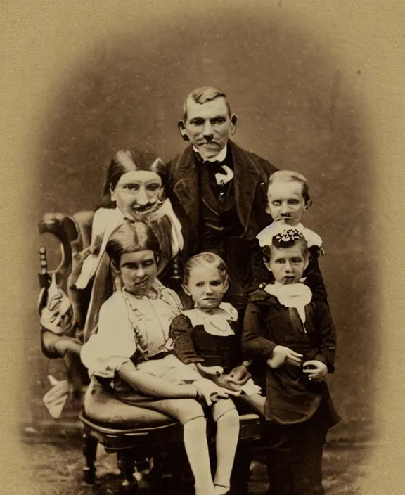 Image similar to a sepia photograph of a smiling victorian era family. in the background there is a strange and menacing steampunk cyborg