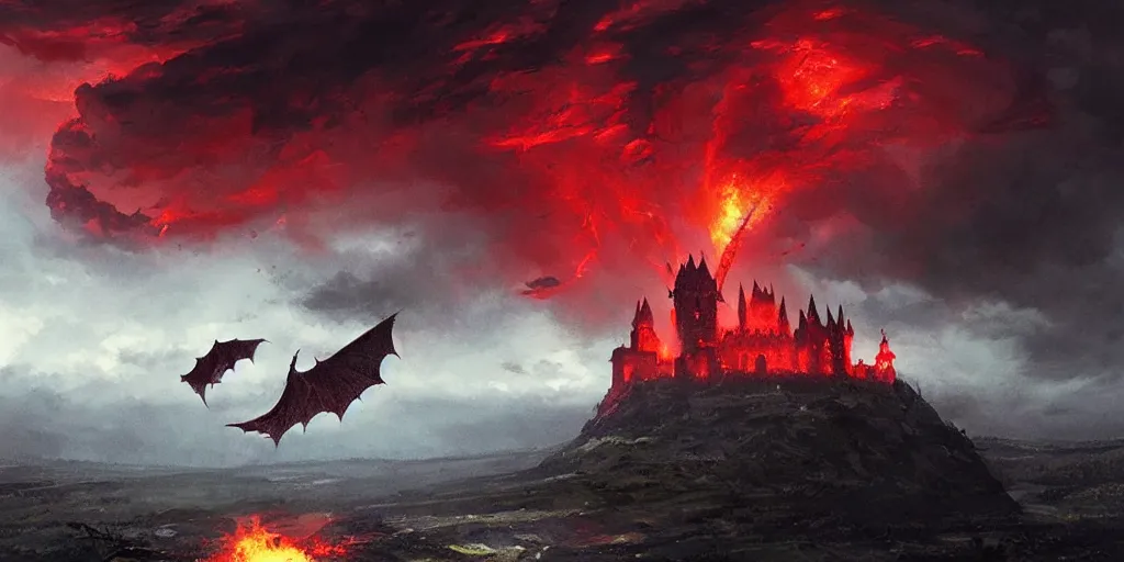 Image similar to A huge red dragon swoops past an imposing medieval castle, breathing fire, dark fantasy, stormy sky, lightning, digital art by Greg Rutkowski and Studio Ghibli