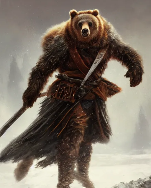 Prompt: oil painting of Anthropomorphized Bear General in Battle, wearing fur cloak, sharp focus, holding Sabre, fantasy style, octane render, volumetric lighting, 8k high definition, by greg rutkowski, highly detailed, trending on art Station, magic the gathering artwork, Battlefield backround, centered