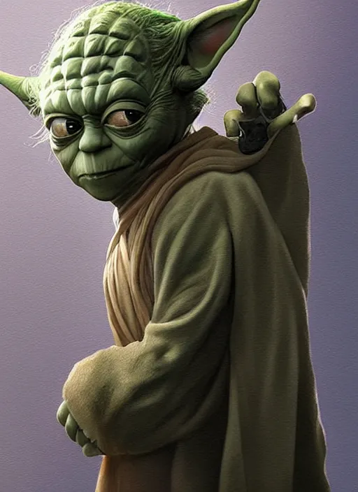 Image similar to full length photo of Yoda in a tanktop in the style of stefan kostic, full slim body, screaming. not realistic, sharp focus, 8k high definition, insanely detailed, intricate, elegant, art by stanley lau and artgerm