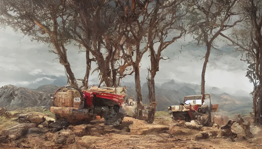 Image similar to Mahindra thar, tribe members watching nearby, an epic fantasy, dramatic lighting, cinematic, establishing shot, extremely high detail, photorealistic, cinematic lighting, artstation, by simon stalenhag, horizon forbidden west