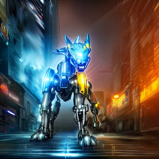 Image similar to hyper realistic, photographic, highly detailed cinematic full body shot of a 4 legged giant mecha canine, sharp claws, sleek armor, glowing visor, charging through city, destroying city, digital art, furry art, dragon art, zoids art, furaffinity, deviantart