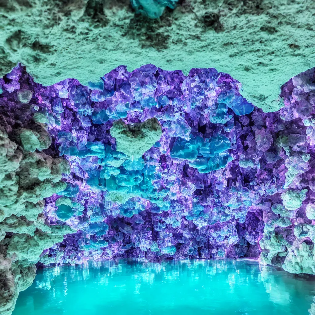 Prompt: An underground lake with pristine blue water, purple crystals growing from the ceiling, 4k UHD