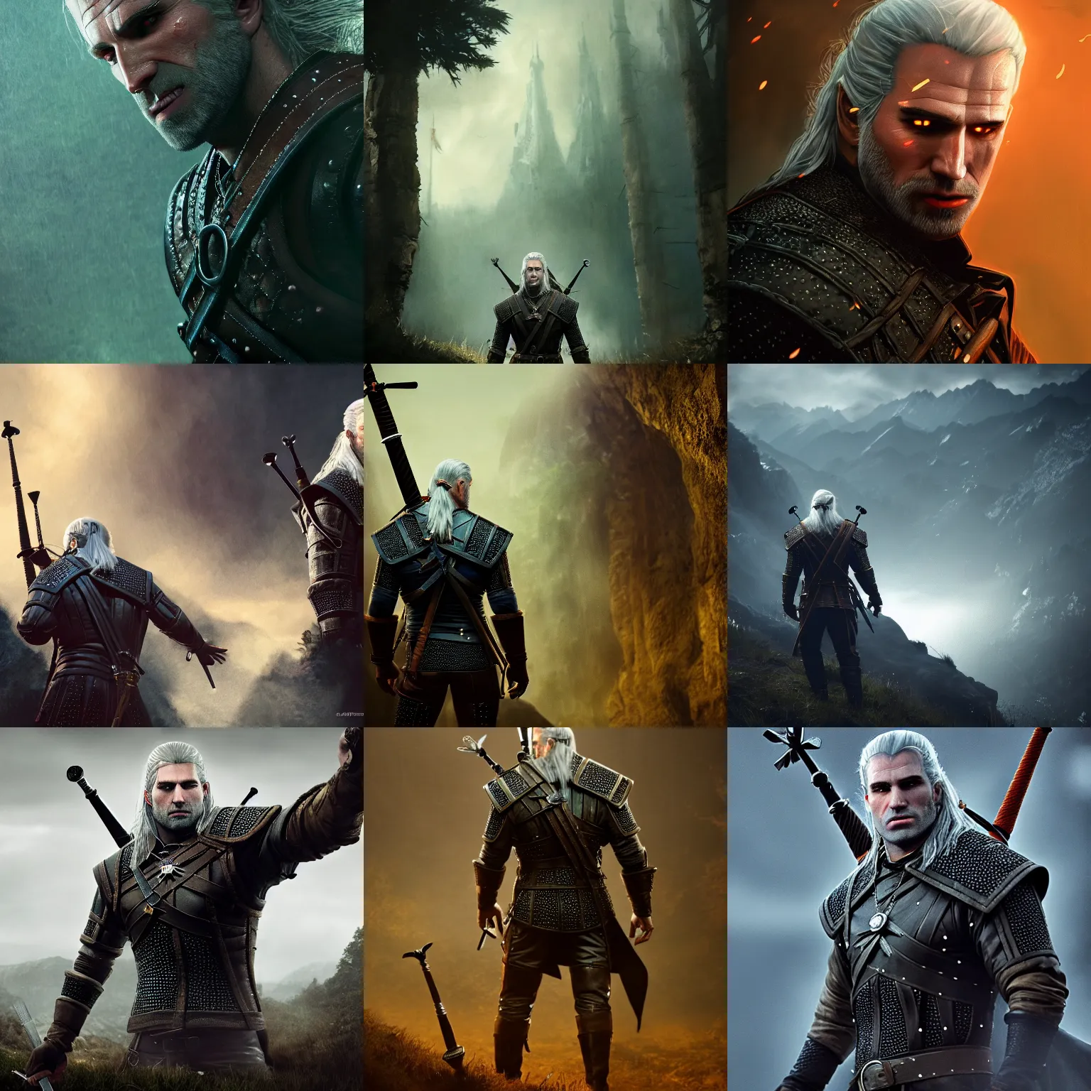 Prompt: the witcher as played by john travolta, trending on artstation, dark gloomy cave background, low angle oil painting and composition laws, cinematic lighting, hyperdetailed, cgsociety, 8 k