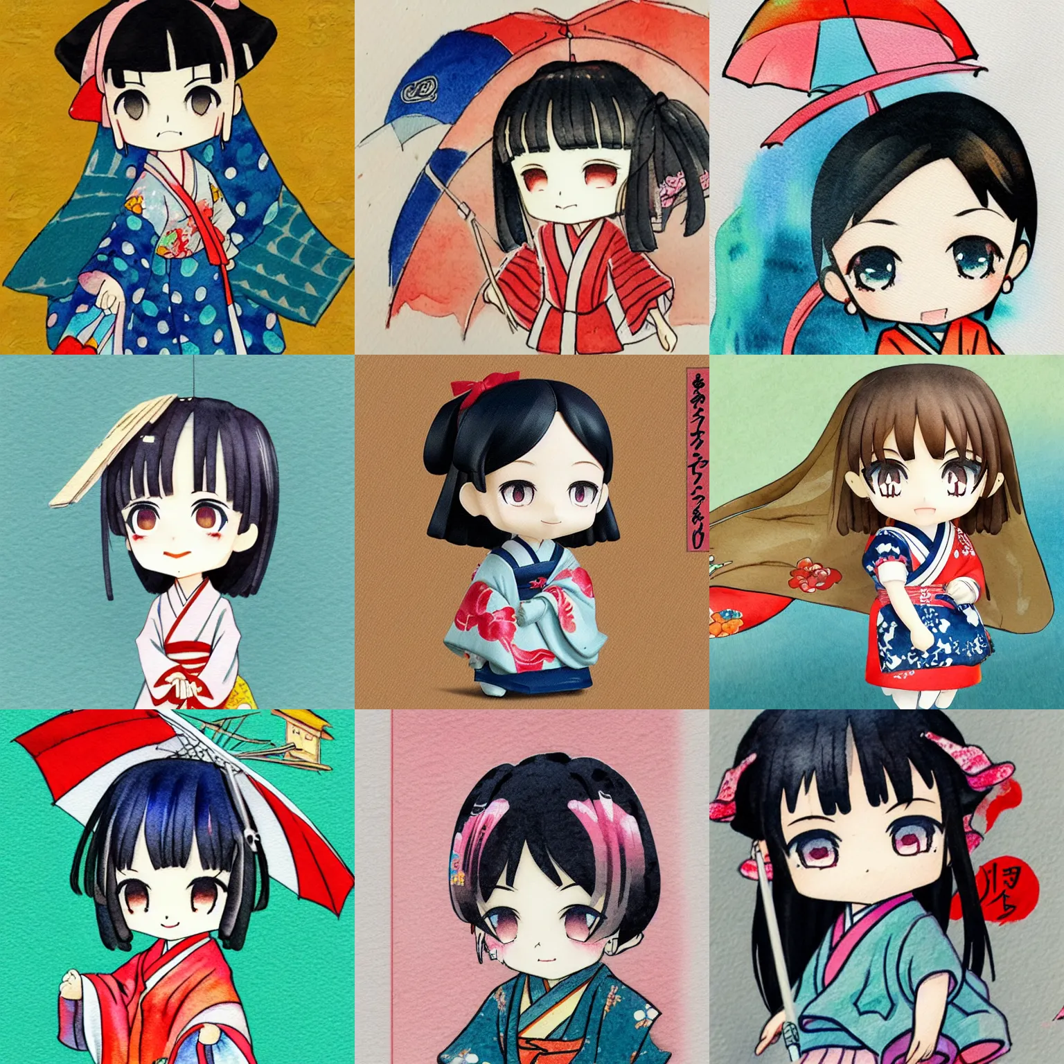 Prompt: watercolor art of cute nendoroid girl in the style of ukiyoe, toon rendering, close - up, no shade