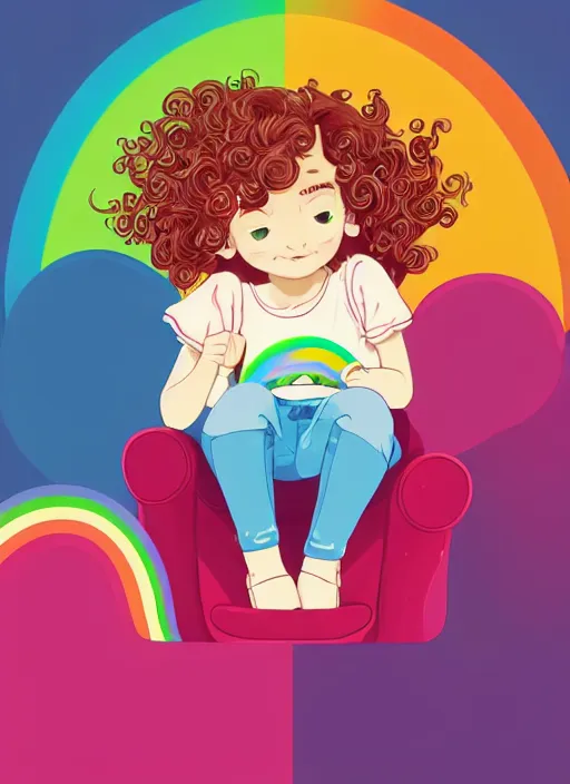 Image similar to a little girl with wavy curly rainbow hair sitting in an armchair. clean cel shaded vector art. shutterstock. behance hd by lois van baarle, artgerm, helen huang, by makoto shinkai and ilya kuvshinov, rossdraws, illustration, art by ilya kuvshinov