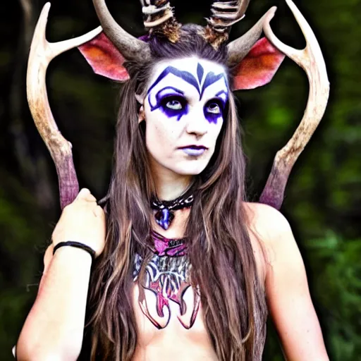 Image similar to tiefling druid with deer antlers growing out of their head and large tribal jewelry and face paint