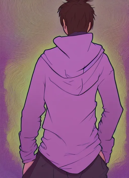 Image similar to young man in a purple hoodie, back view, messy short brown hair, colourful, natural lighting, path traced, highly detailed, high quality, cartoon, digital painting, by don bluth and ross tran and studio ghibli and alphonse mucha