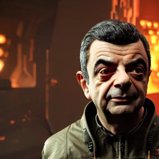 Image similar to rowan atkinson in doom eternal, highly detailed, extremely high quality, hd, 4 k, 8 k, professional photographer, 4 0 mp, lifelike, top - rated, award winning, realistic, detailed lighting, detailed shadows, sharp, no blur, edited, corrected, trending