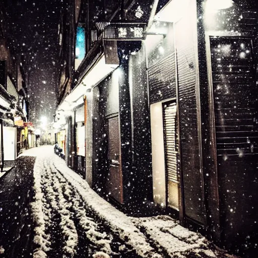 Image similar to atmospheric polaroid photo of a snowy tokyo street at night