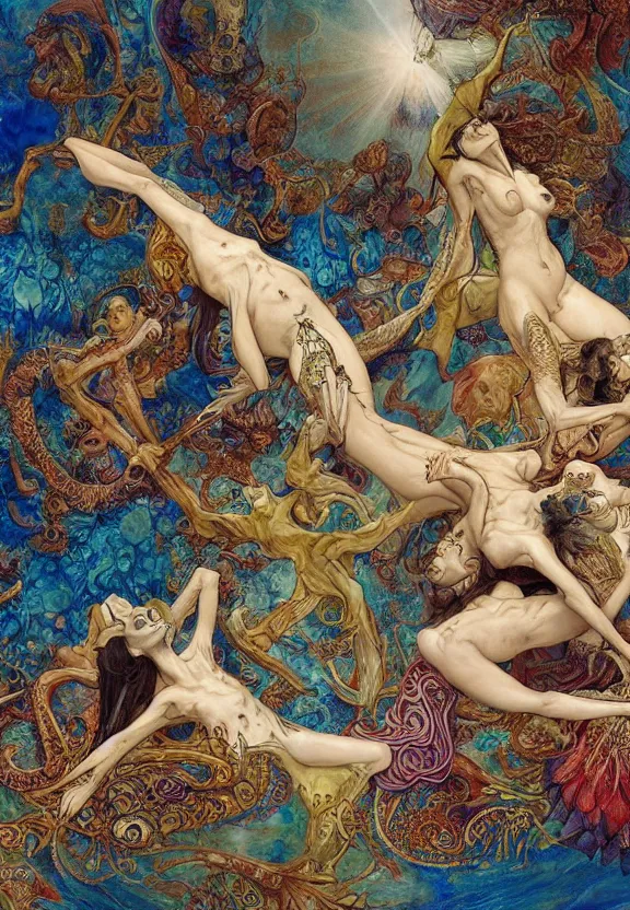 Image similar to simplicity, elegant, colorful blue djinn bodies and bones radiating from fractal, orchids, flowers, mandala, white bones, by h. r. giger and esao andrews and maria sibylla merian eugene delacroix, gustave dore, thomas moran, pop art, chiaroscuro, biopunk, art nouveau