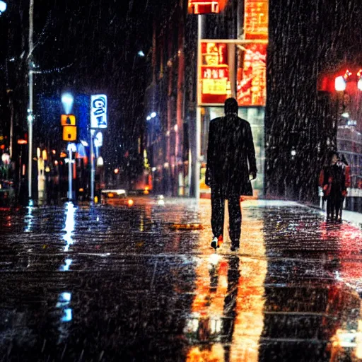 Image similar to keanu reeves walking in the rain on a reflective city street near a red flashing street light, highly detailed face and reflections misty dark close up photograph