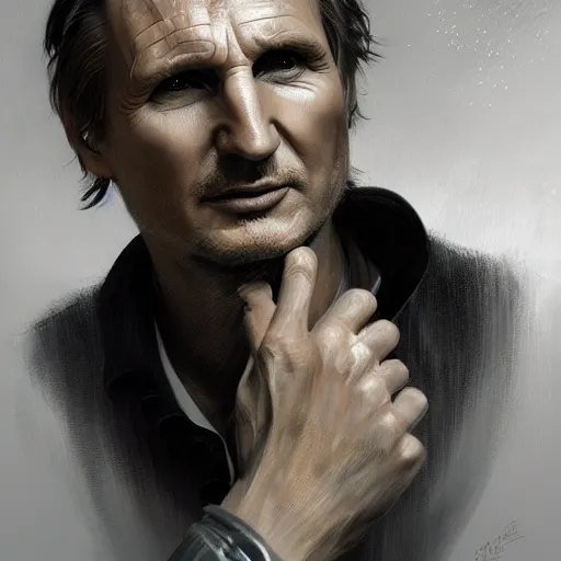 Image similar to portrait of Liam Neeson doing a throat chop, black suit, fantasy, intricate, elegant, realistic, highly detailed, digital painting, artstation, concept art, smooth, sharp focus, illustration, art by artgerm and greg rutkowski and alphonse mucha