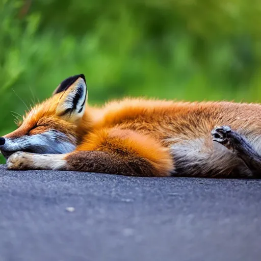 Image similar to a fox sleeping on a suv, side of the road, sunny, hyperrealistic, 4 k, contest winning photography