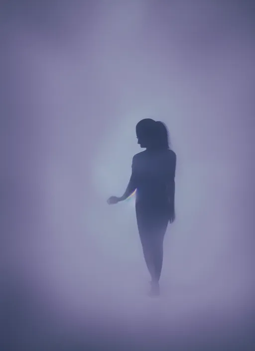 Image similar to a detailed dark female silhouette, bright glowing translucent aura, fog, film grain, cinematic lighting