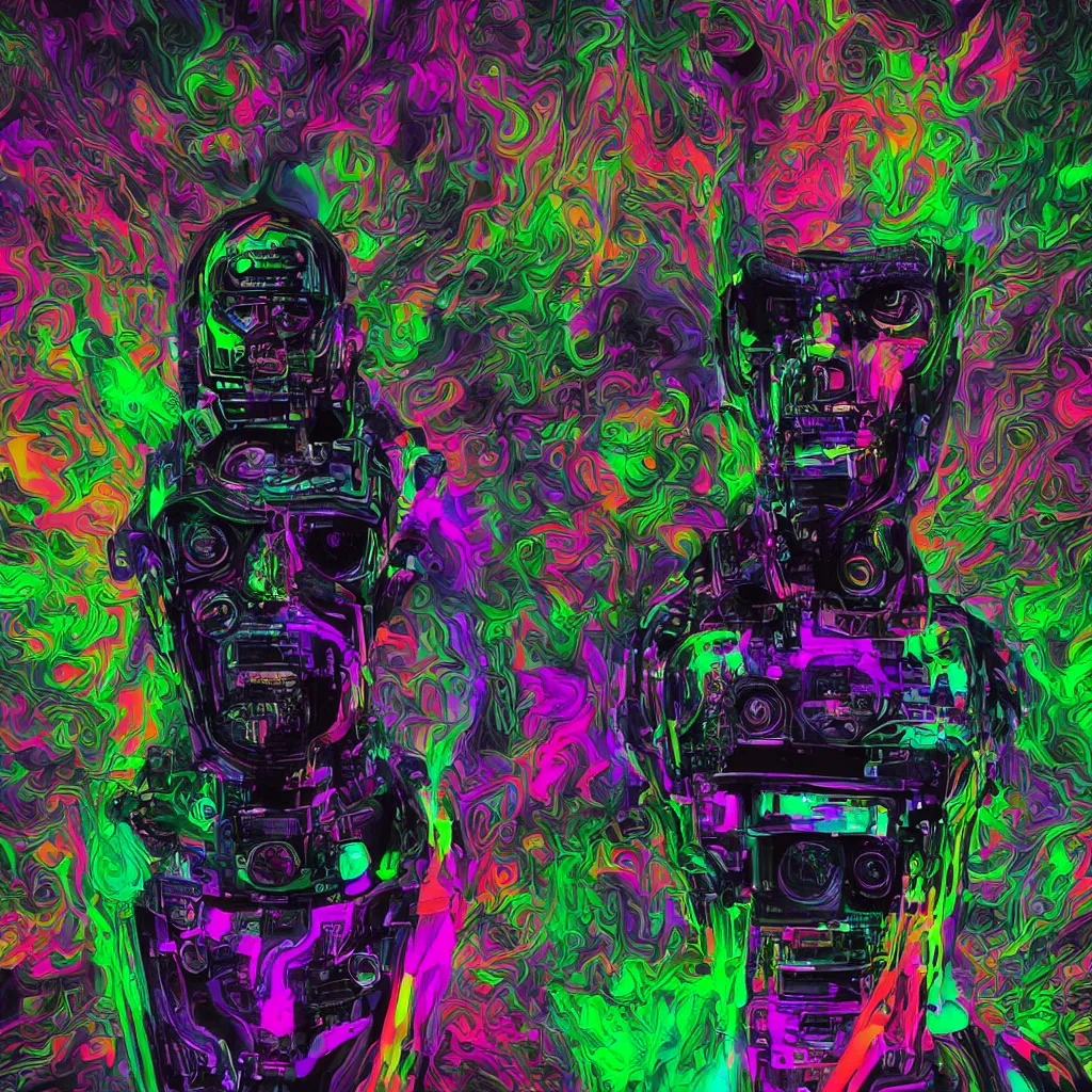 Image similar to mockup of a black tshirt with a hyperdetailed portrait of a trippy cyberpunk robot, 8 k, symetrical, flourescent colors, happy mood, multicolored,