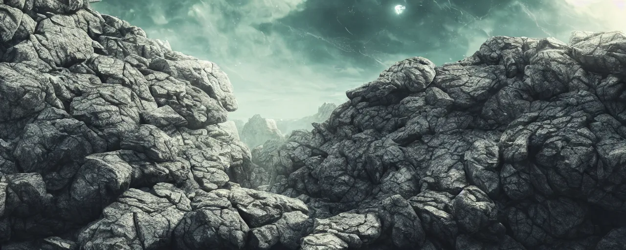 Image similar to ” rocky asteroid, [ by wlop, cinematic, detailed, epic, widescreen, opening, establishing, mattepainting, photorealistic, realistic textures, octane render ] ”