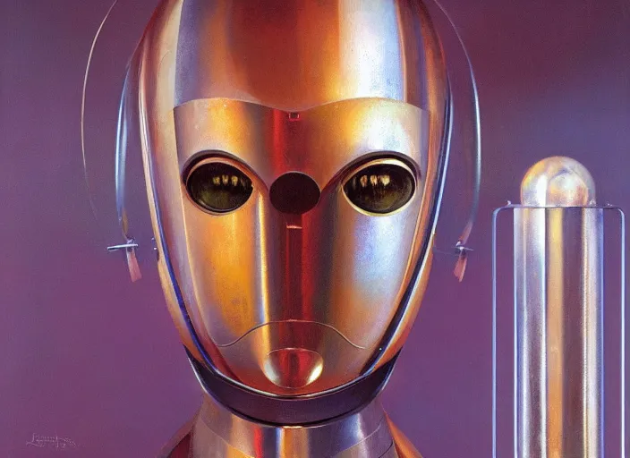 Image similar to a portrait headshot of sci fi metallic human, bright eyes, melancholic complex geometric figure liminal machinery by oskar schlemmer, moebius, john berkey, oil on canvas, portrait facial head, featured on artstation, hd wallpaper