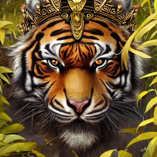 Image similar to a very high detailed tiger crossed with a muscular human body, wearing a very detailed golden kings crown, tattoo on shoulder, in a highly detailed jungle, full body, symmetric, Golden crown, crown on head, digital art, concept art, greg rutkowski, Nikolai Karelin, Hou China, trending artstation