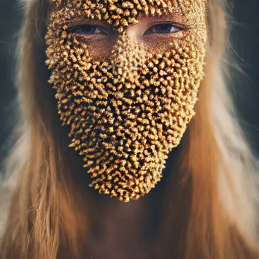 Prompt: woman face filled with honeycomb, bees flying, photography