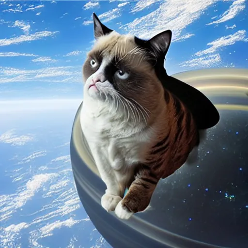 Prompt: A grumpy cat sitting on the top of planet earth in space, digital art by Dan Volbert, trending on artstation