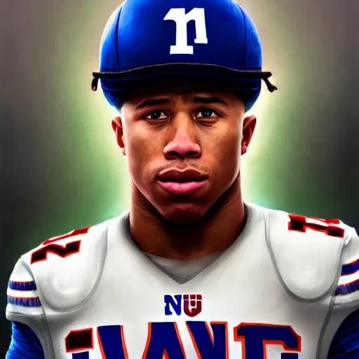 Image similar to highly detailed portrait of saquon barkley wearing a ny giants football shirt, unreal engine, fantasy art by greg rutkowski, loish, rhads, ferdinand knab, makoto shinkai and lois van baarle, ilya kuvshinov, rossdraws, tom bagshaw, global illumination, radiant light, detailed and intricate environment h 6 0 4