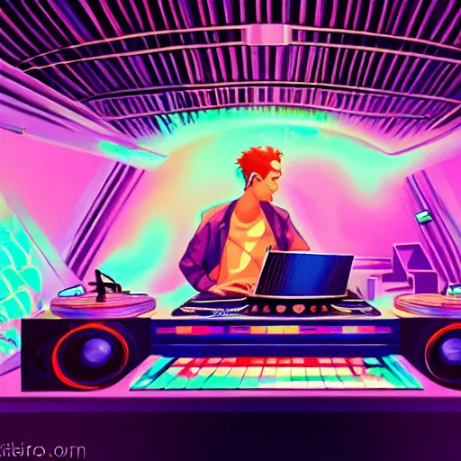 Prompt: a dj creating disco music in an underground lab, surrounded by large retro speakers, digital painting, artstation, ristan eaton, victo ngai, artgerm, rhads, ross draws, anime styled, hd, 4 k