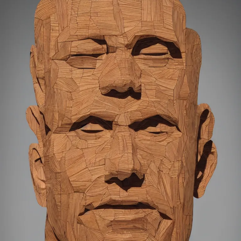 Prompt: monumental sculpture geometric minimalist!!! portrait of tim allen, beautiful symmetrical!! face accurate face detailed face realistic proportions, hand - carved out of red oak wood on a pedestal by stephan balkenhol and martin puryear, cinematic lighting shocking detail 8 k
