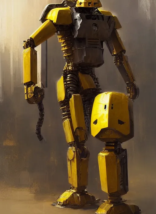 Image similar to human-sized strong intricate yellow pit droid carrying paladin medieval longsword!!!, pancake short large head painterly humanoid mecha, by Greg Rutkowski