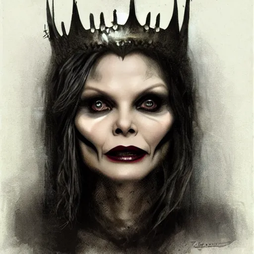 Prompt: portrait of Michelle Pfeiffer as evil vampire queen shoeing her sharp teeth wearing a dark crown by Tom Bagshaw and Guy Denning, rim light