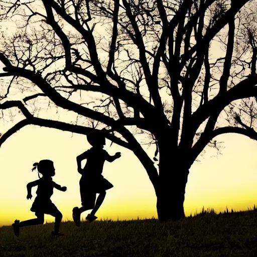 Image similar to two silhouetted children running across a hilltop with with one oak tree at far right of picture. A sun-filled dusk sky backdrop. photo by annie Liebowitz