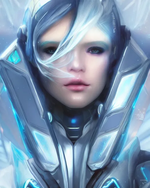 Image similar to perfect android girl on a mothership, warframe armor, beautiful face, scifi, futuristic, galaxy, nebula, raytracing, dreamy, long white hair, blue cyborg eyes, sharp focus, cinematic lighting, highly detailed, artstation, divine, by gauthier leblanc, kazuya takahashi, huifeng huang