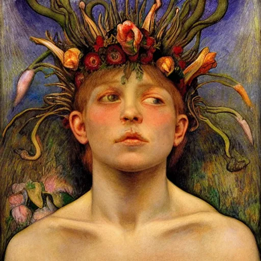 Prompt: the flower prince wearing the bone crown, by Annie Swynnerton and Diego Rivera and Elihu Vedder, symbolist, dramatic lighting, elaborate geometric ornament, Art Brut, soft cool colors,smooth, sharp focus, extremely detailed, Adolf Wölfli